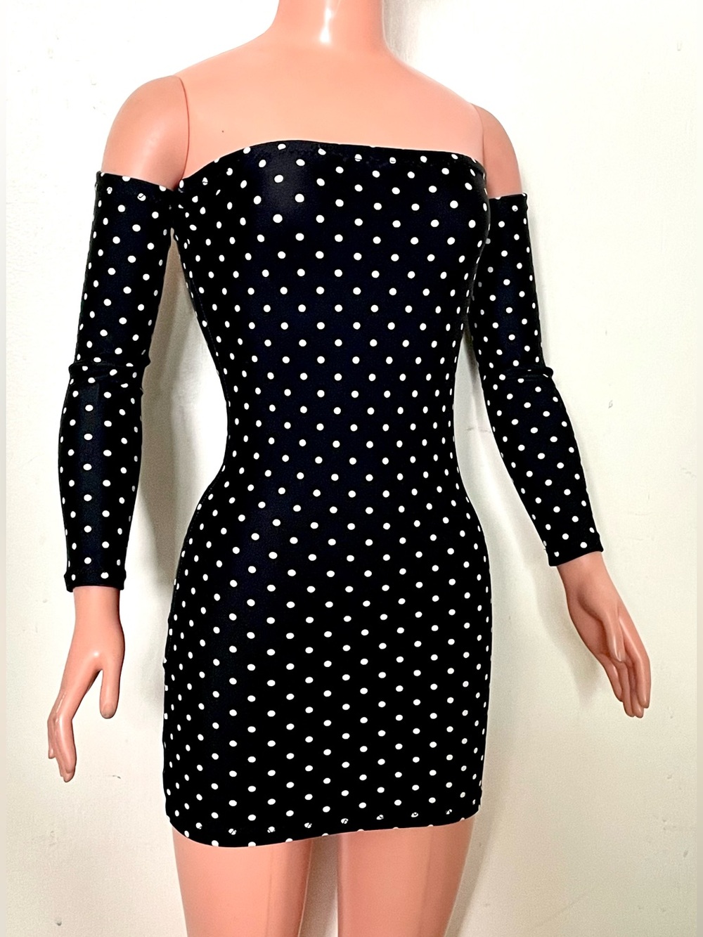 Black Mini Dress For My Size Barbie Doll. New. Short Length. White Polka Dots